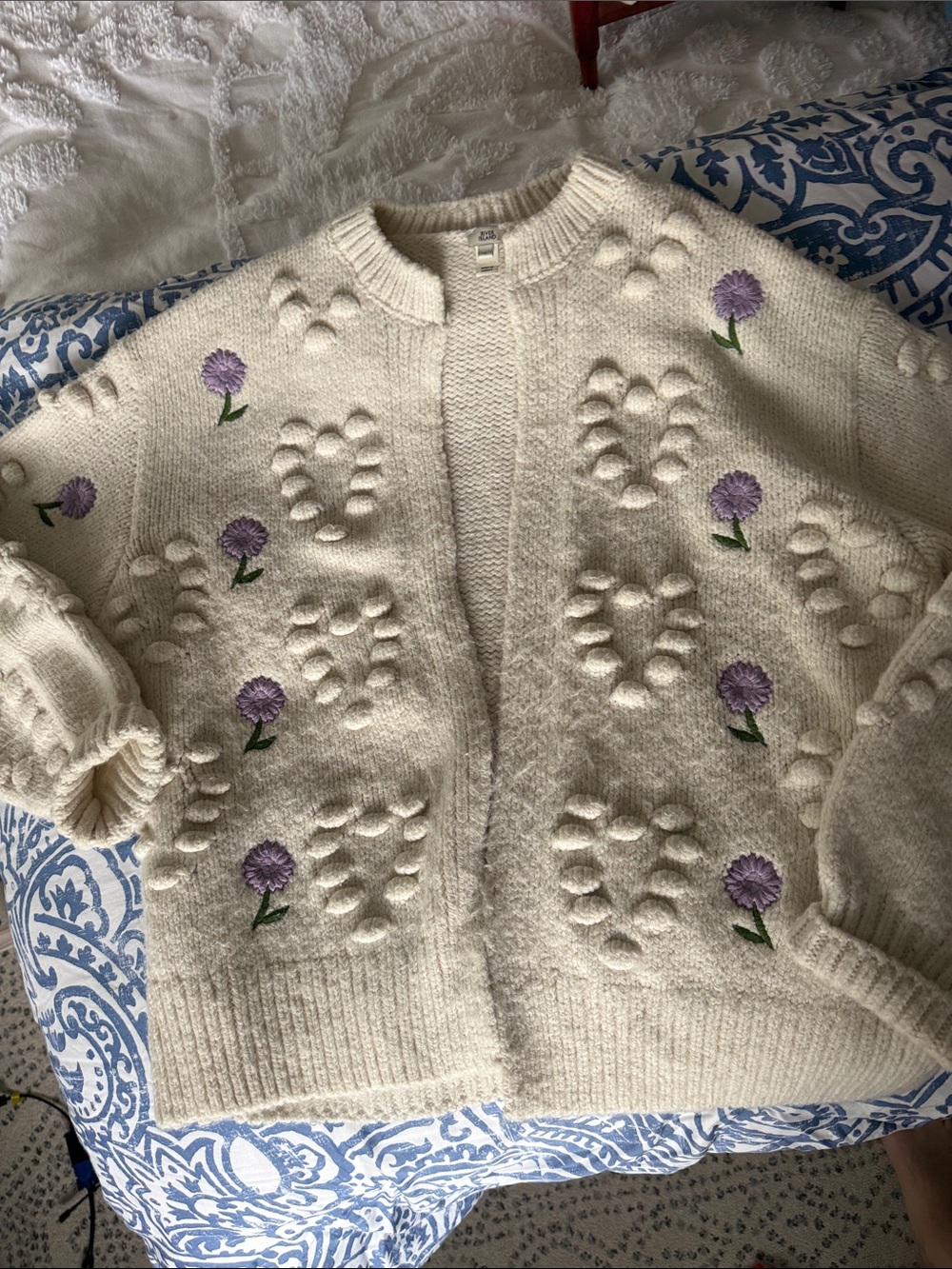 River Island Cream Popcorn-Knit Cardigan with Lavender Embroidery